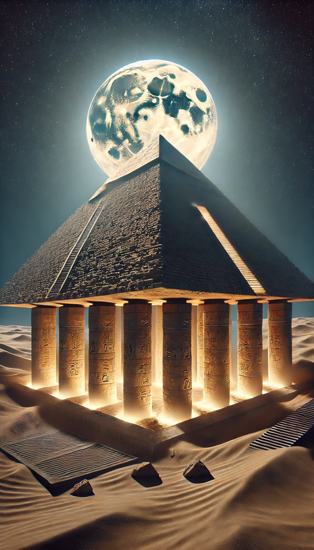 DALL·E 2025-03-25 22.42.25 - A hyper-realistic vertical cinematic night scene of the Great Pyramid of Giza slightly lifted above the desert ground under a glowing full moon. Four